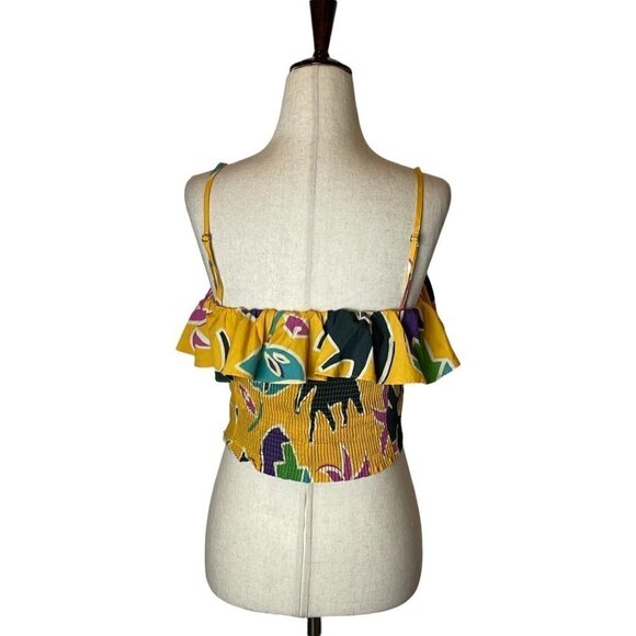 Zara Yellow Floral Print‎ Adjustable Strap Ruffled Bust Cropped Top Tropical M - Picture 7 of 13